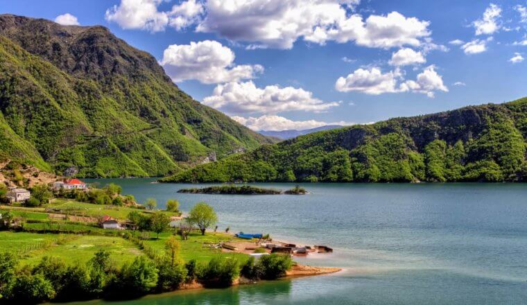 A serene lake surrounded by lush greenery in Albania