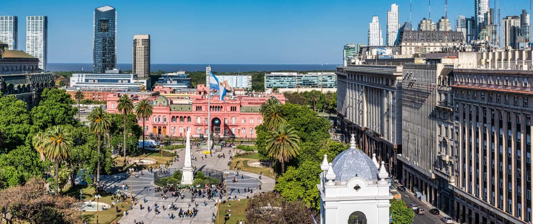 Panorama of Plaza de May(May square) with the Casa Rosada (Pink House) and Government Palace of Argentina, in Buenos Aires, Argentina