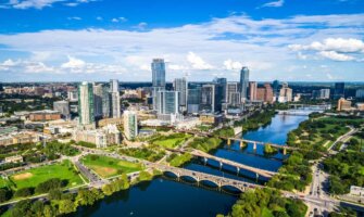 A bright and sunny day overlooking the towering skyline of Austin, Texas