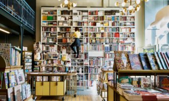 A woman in a bookstore looking at books on a ladder