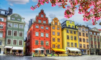 Colorful historic buildings lining a square in Stockholm, Sweden