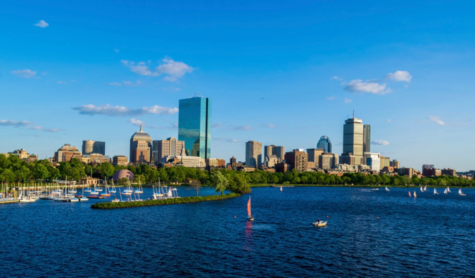 The Boston skyline as seen from the river on a bright summer day