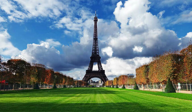 the view of the Eiffel Tower in Paris from across the gardens