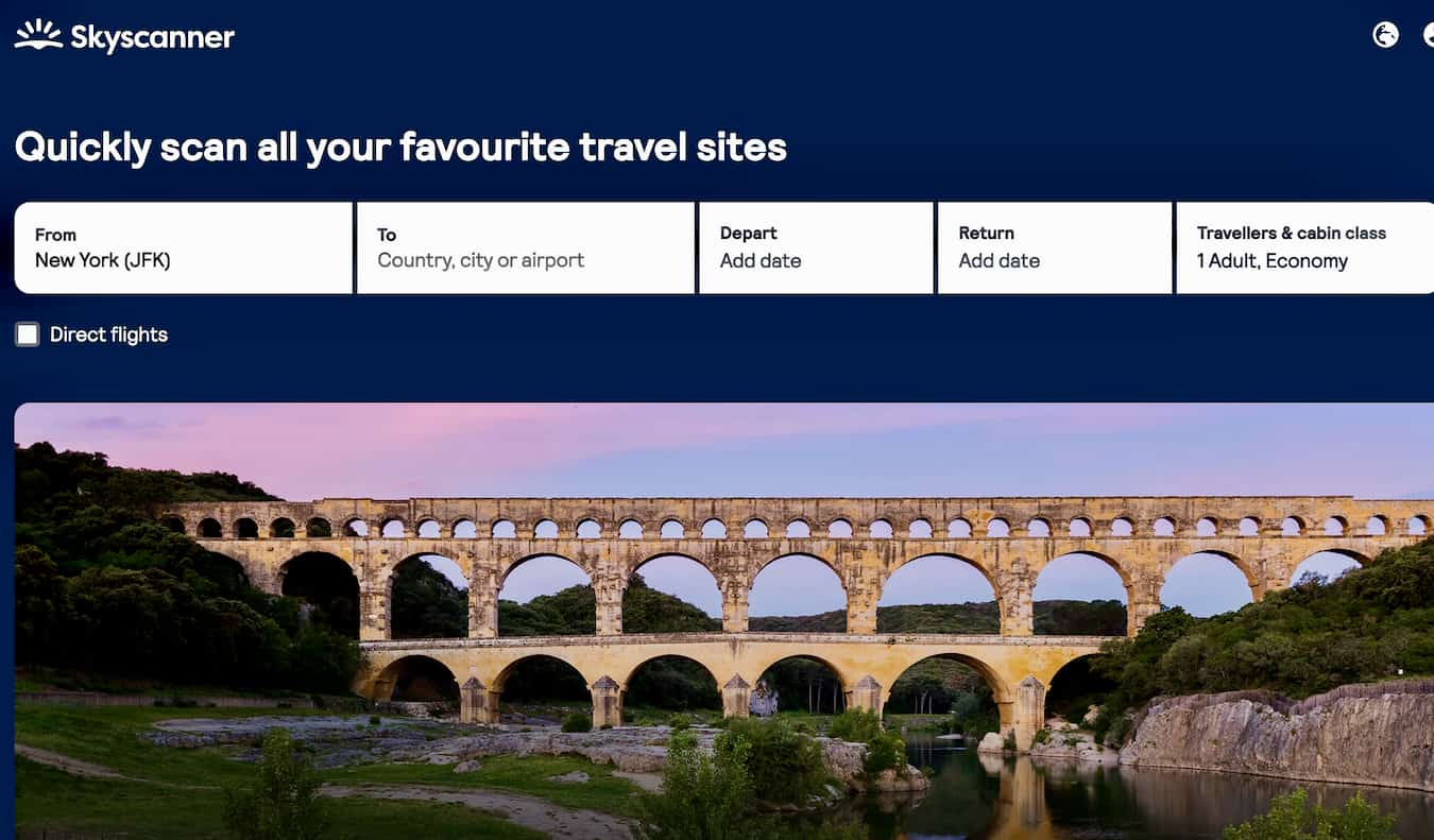 A Skyscanner homepage screenshot