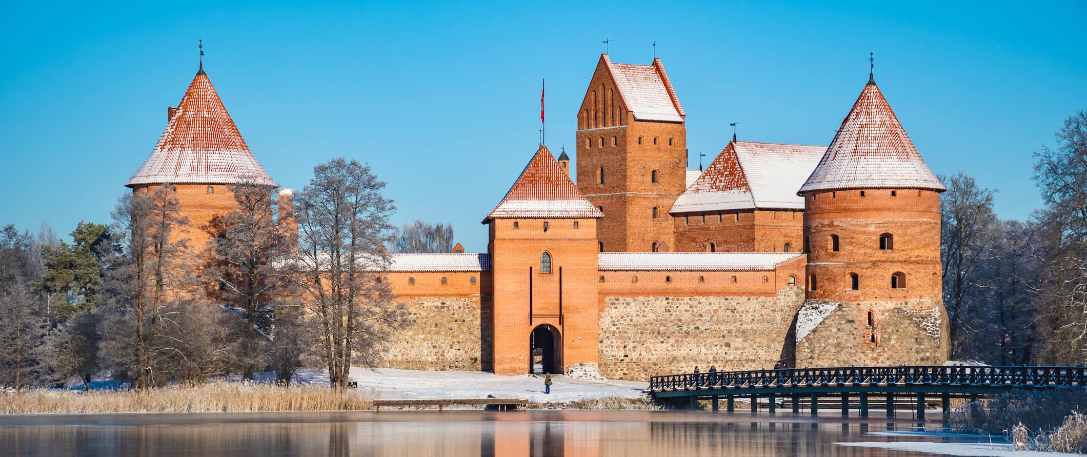 Historic buildings surrounded by lush, greens forests in Lithuania on a sunny day