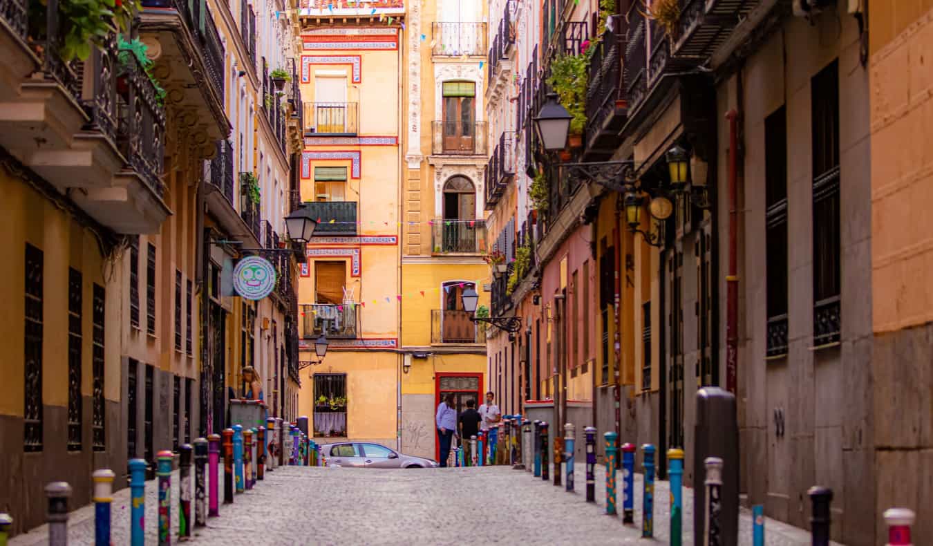 A narrow, empty street in Malasana, Madrid on a quiet day