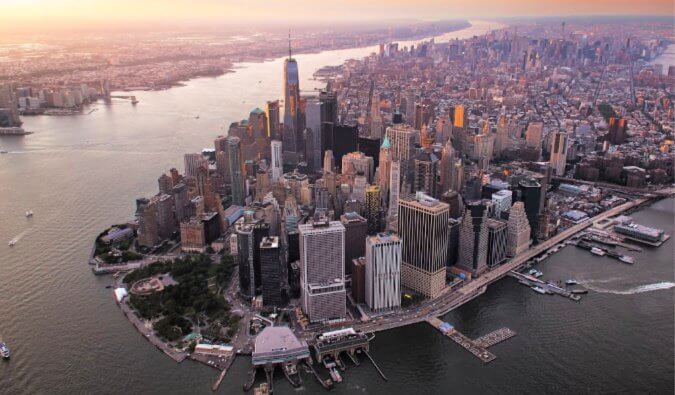 areal shot of New York City taken from the lower east side facing north