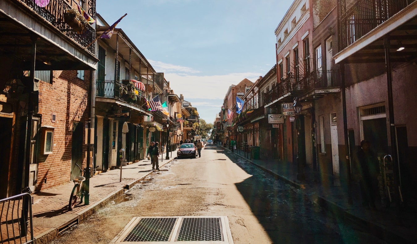 The narrow and historic streets of the French Quarter in New Orleans, USA