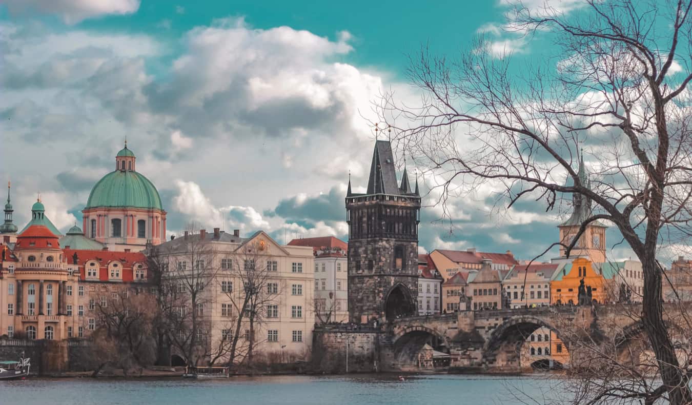 A busy bridge in the historic Old Town of Prague, Czechia