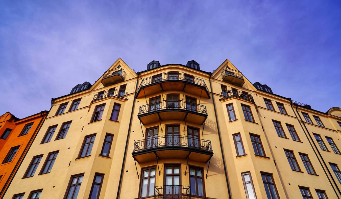 Overlooking the Vasagatan area of Stockholm, Sweden at sunset