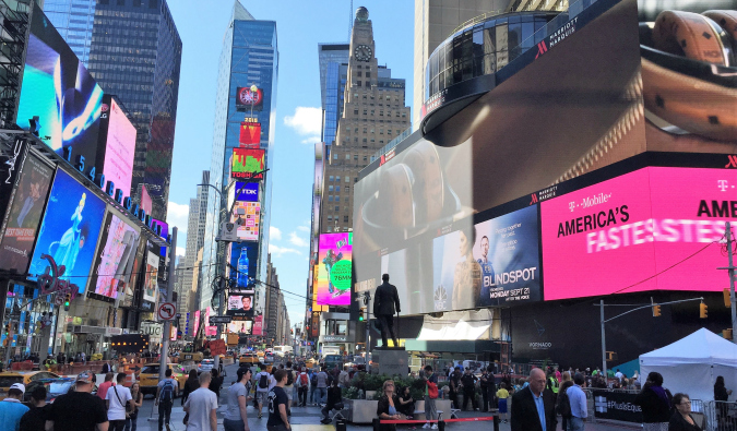 The crowds of tourists packing into cheesy Times Square in New York City