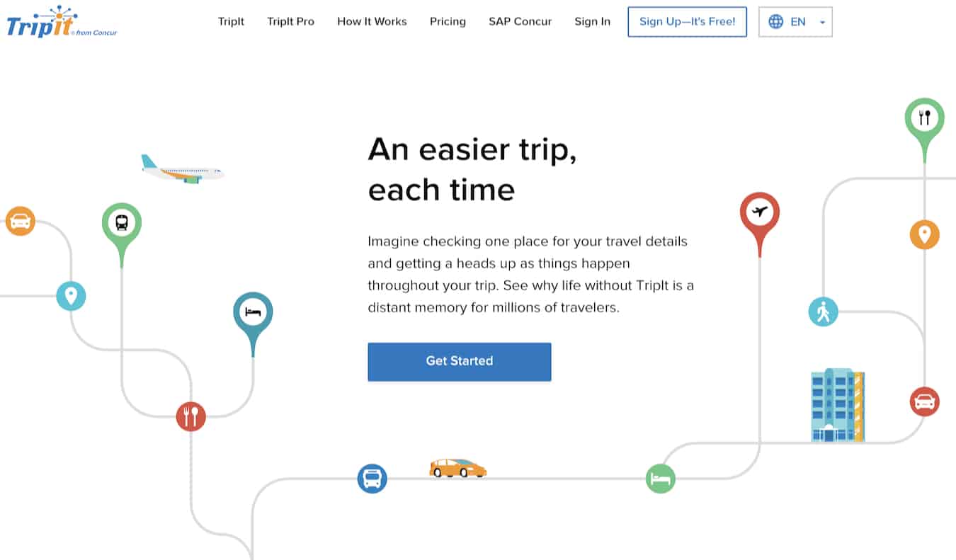 TripIt screenshot of the website's homepage