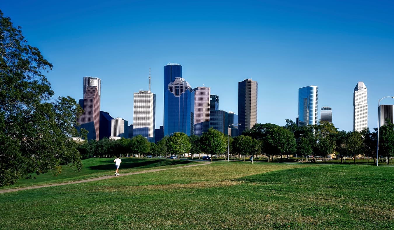 A large green park near downtown Houston, Texas, USA