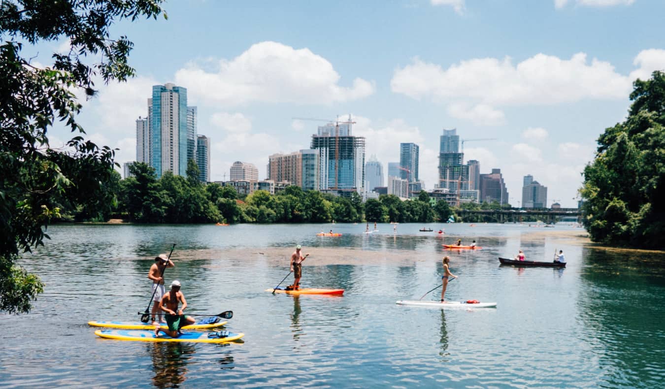 People kayaking and paddling in Austin, Texas, USA