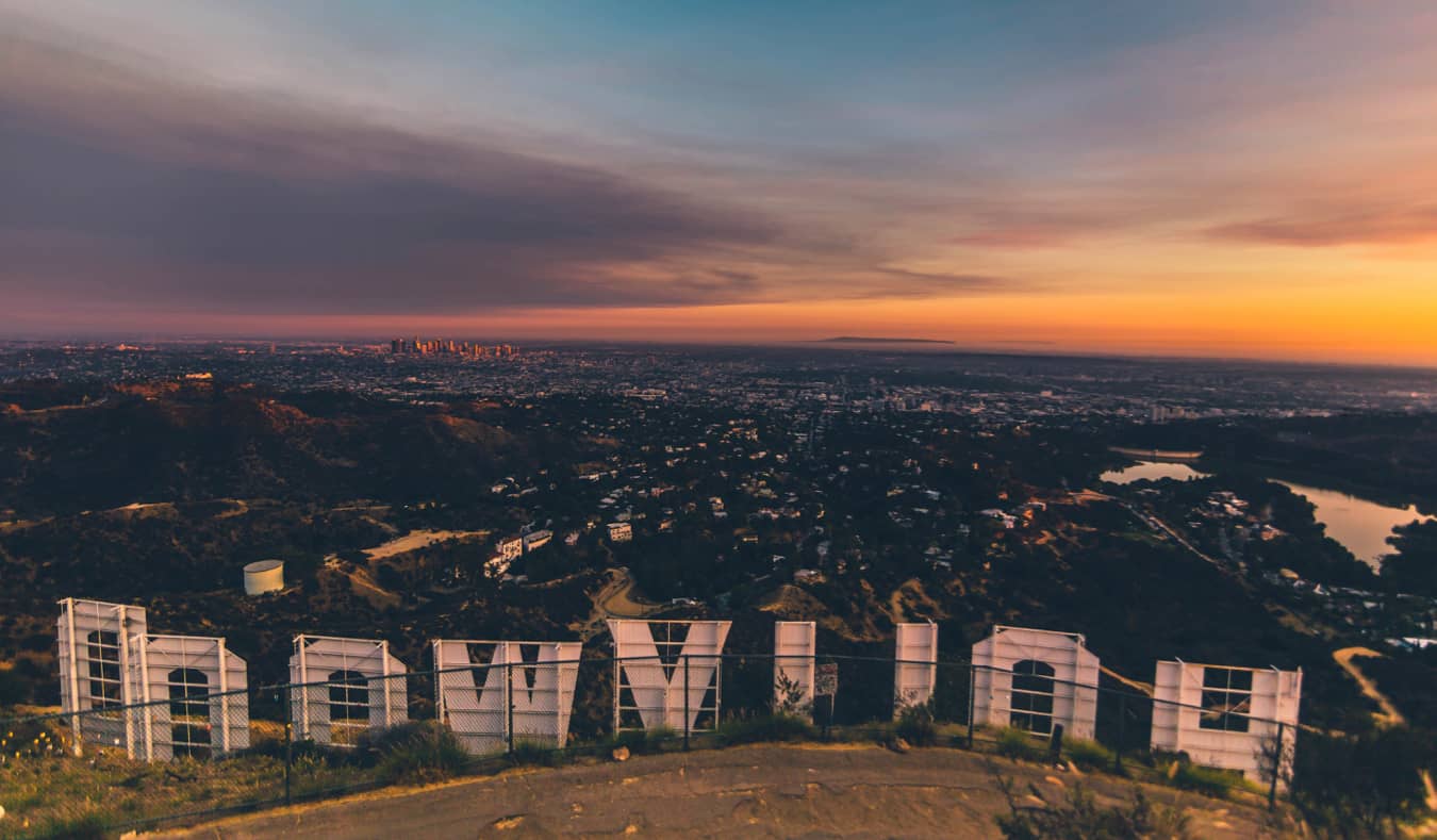 The view of LA at sunset from the Hollywood sign