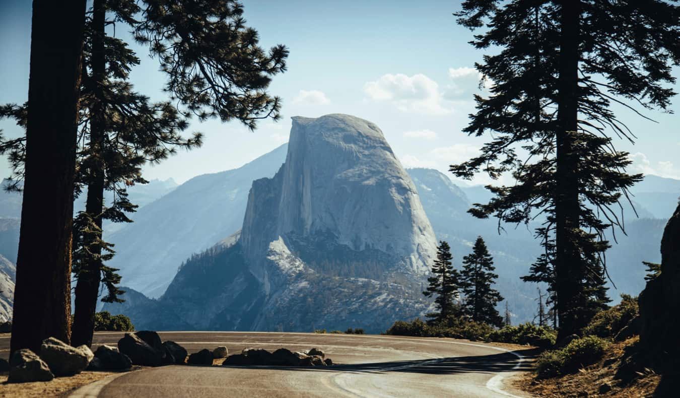 Half Dome as seen from a winding road in Yosemite National Park