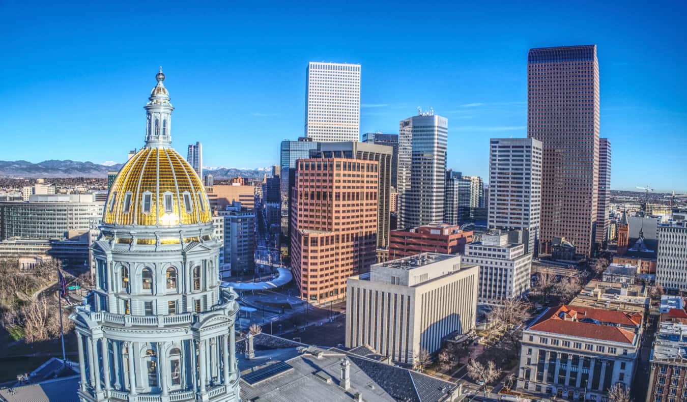 The downtown Denver skyline on a bright summer day