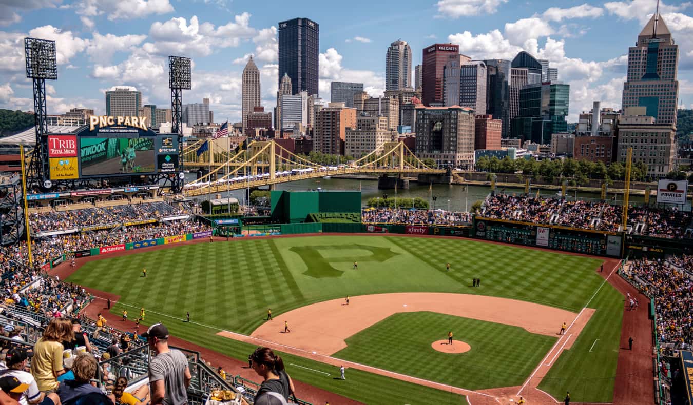 A baseball game in a huge stadium in Pittsburgh, PA